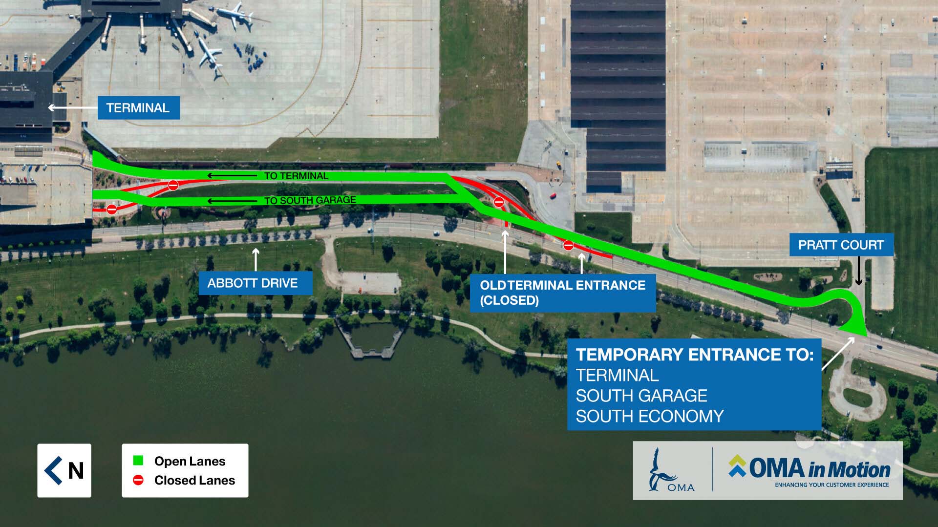 An overhead map showing what lanes are closed and open along the terminal and south garage entrance.