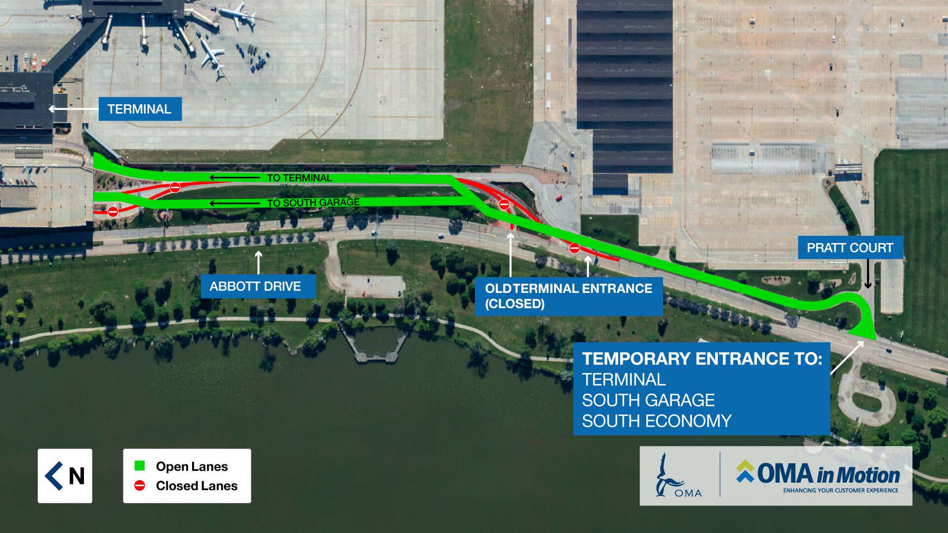 2021-32252-oma-in-motion-south-economy-new-entry-map An overhead map showing what lanes are closed and open along the terminal and south garage entrance.